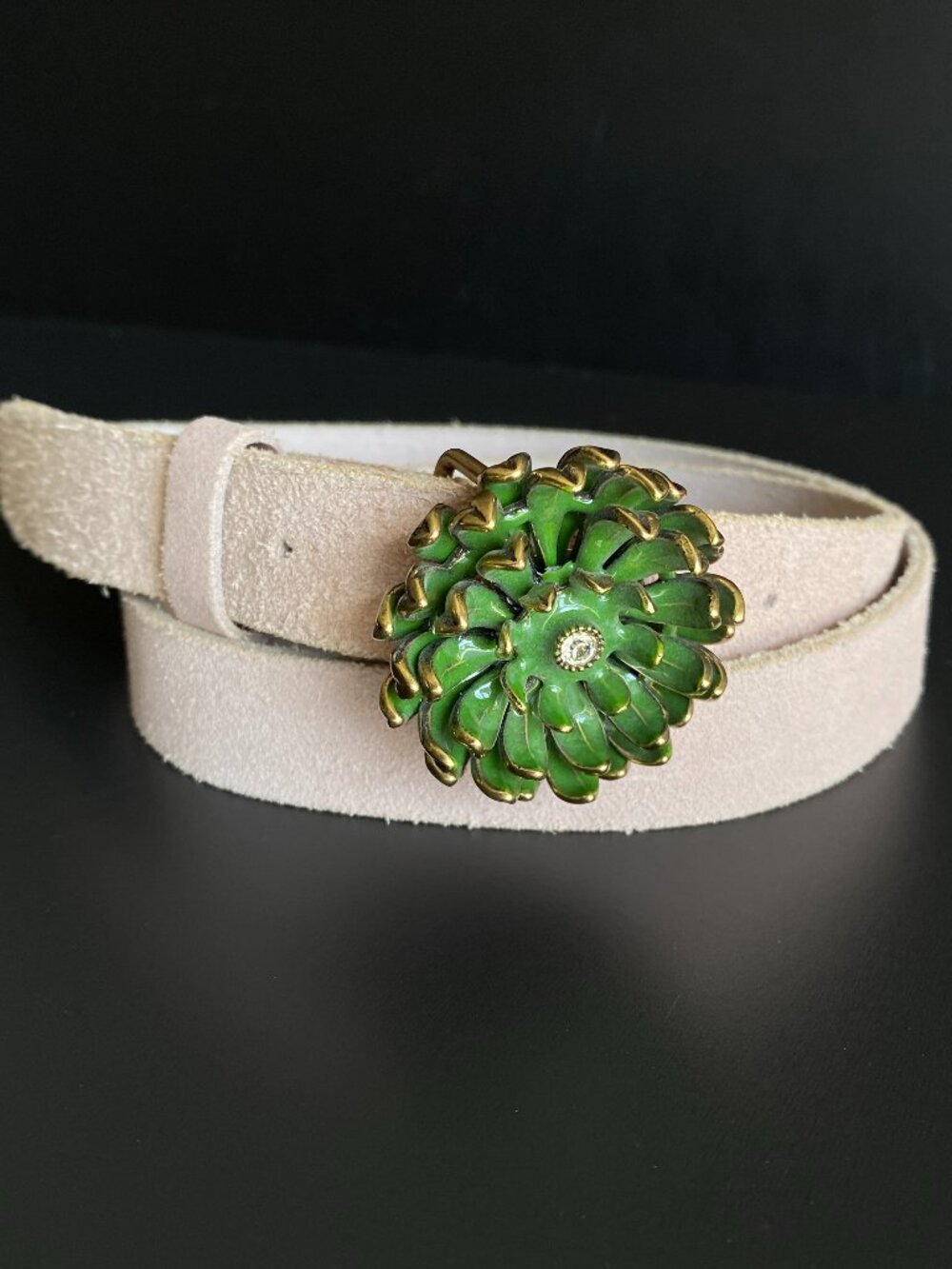Lucky Brand Vintage Leather Belt Size M Green Enamel Flower 3D Buckle Boho Y2K